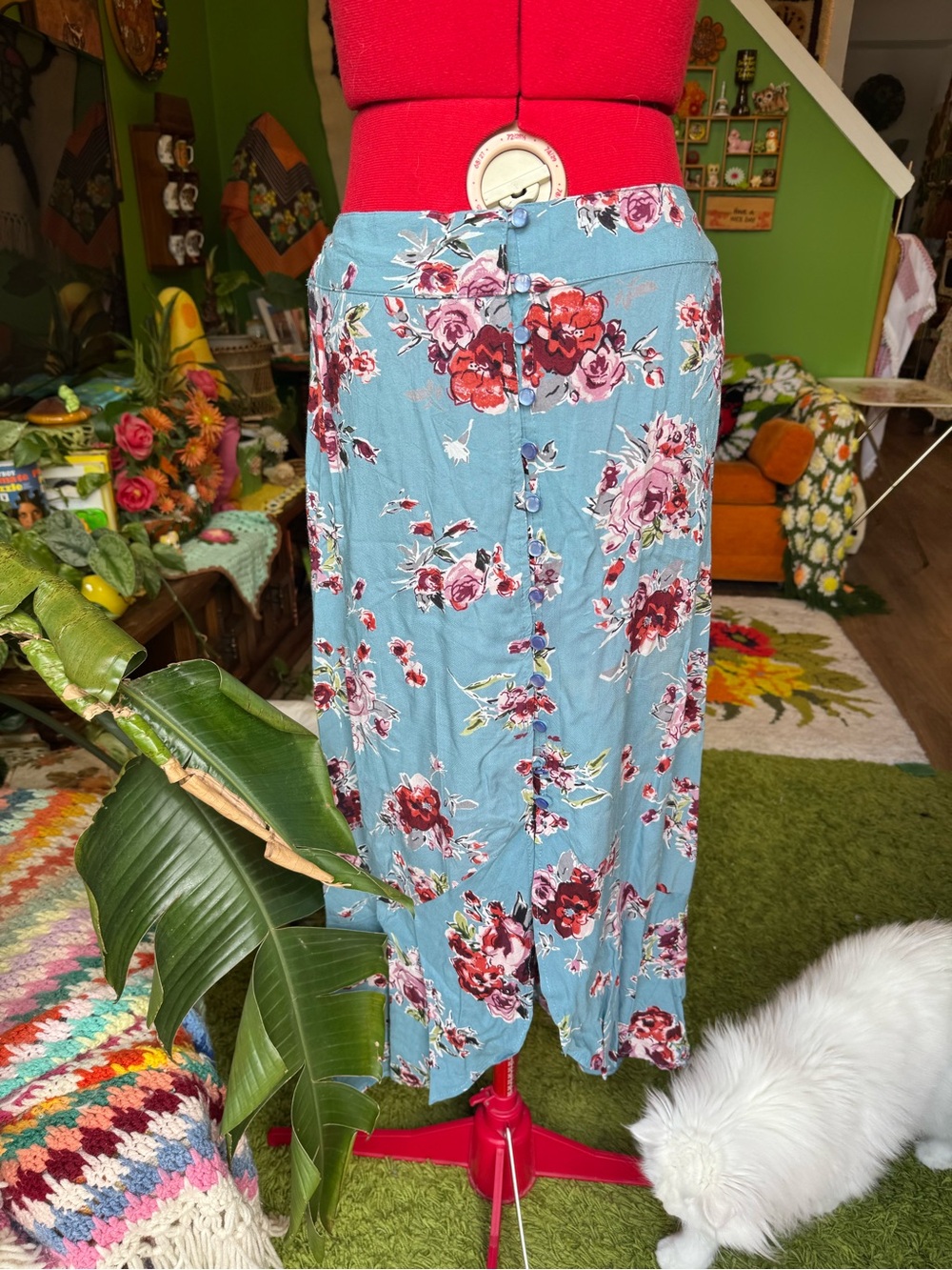 Angie Light Blue Floral Maxi Skirt with Red and Pink Flowers